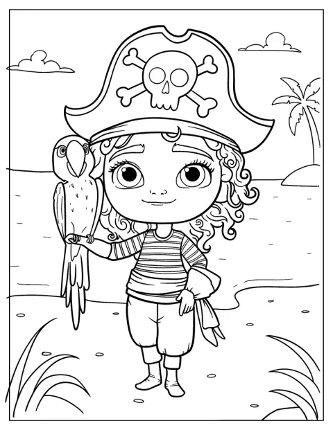 Une pirate kawaii pose avec son perroquet à ses côtés.