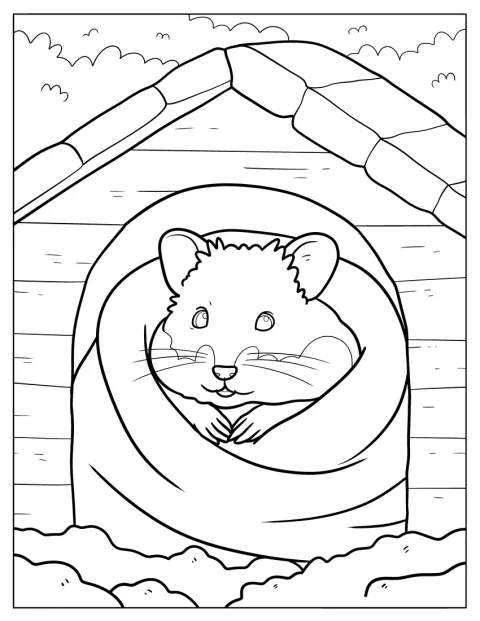 Eingewickelt in eine Decke ruht ein Hamster in einer gemütlichen Hütte auf weicher Streu.