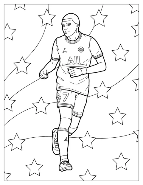 Kylian Mbappé corre con varias estrellas al fondo.