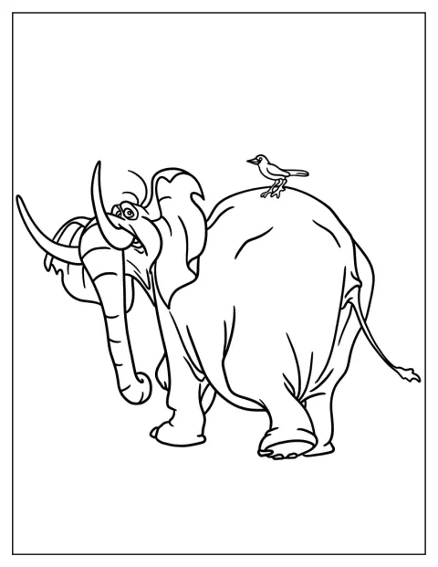 Un pájaro se posa sobre la espalda del elefante Tantor.