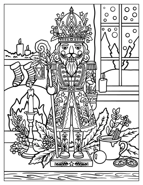 Nötknäpparkungen håller en polkagriskäpp framför en julbrasa.