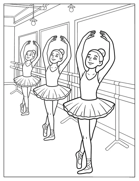 Num estúdio de dança, várias bailarinas treinam junto à barra.