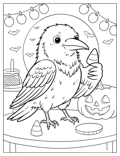 A tömzsi holló halloweenkor édességeket falatozik.
