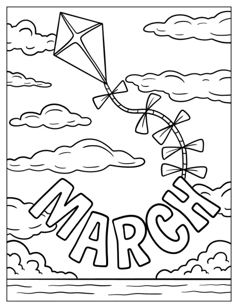 Ein Drachen mit dem Wort „März“ steigt am Himmel auf.