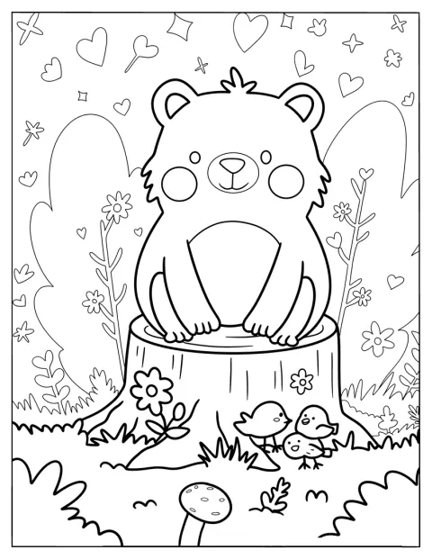 Un ourson est assis sur une souche d’arbre.