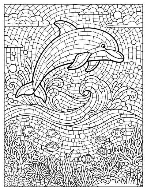 Delfin wyskakuje ponad oceaniczne fale, a pod nim rozciąga się rafa koralowa.