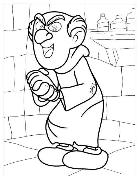 Gargamel prepara um plano com um ar astuto.