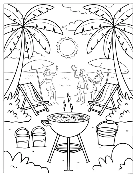 Un gruppo di amici balla e griglia carne sulla spiaggia.