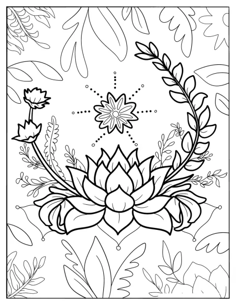 Un fiore di loto dai petali dettagliati è circondato da decorazioni boho.