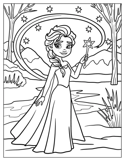 Elsa, con pecas, sostiene una varita con forma de estrella en un bosque invernal.