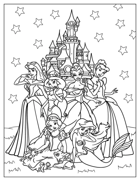 ディズニープリンセスたちが、城の前に集まっています。