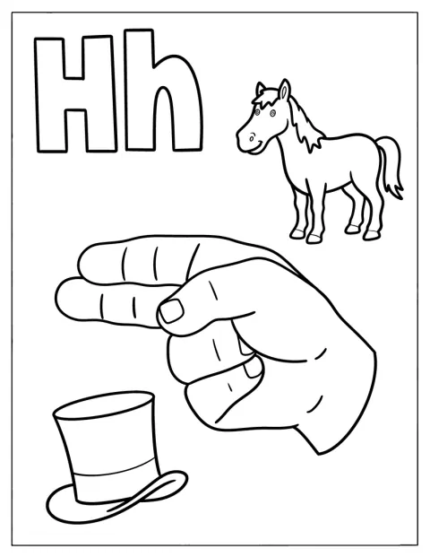 手話のHの形をした手と、馬、帽子が描かれています。