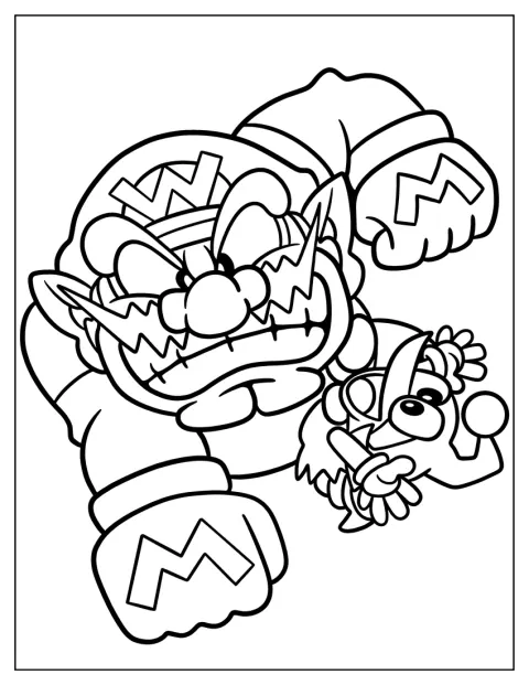 Scary Wario With Green Bird Coloring Sheet For Kids