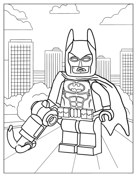 Batman staat als LEGO-figuur in een gedetailleerd stadsdecor.
