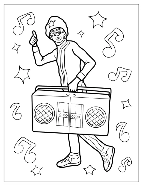 Kammy Kam sorri enquanto transporta uma boombox.