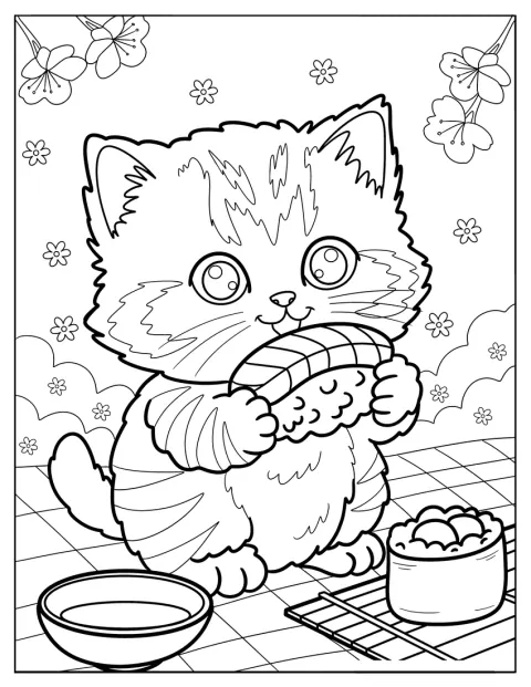 Lors d’un pique-nique, un chaton affamé déguste des sushis.