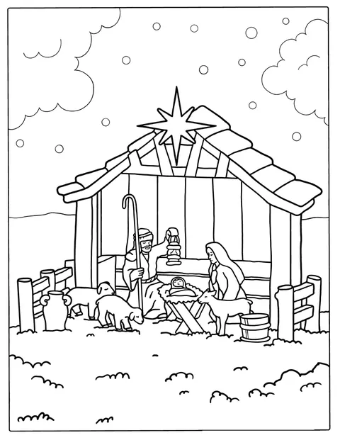El niño Jesús descansa en un establo, rodeado de ovejas.