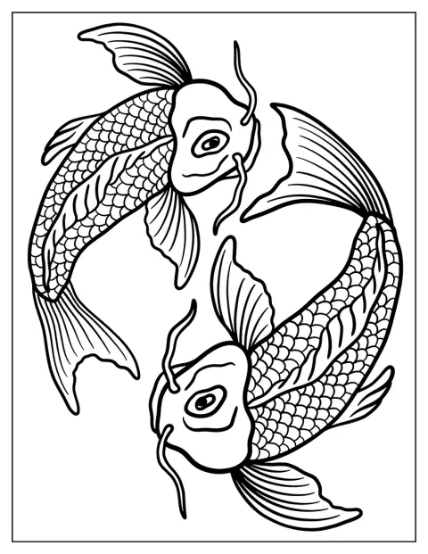 Kaksi koi-karppia ui ympyrää yin ja yang -symbolin muodossa.