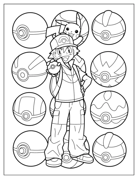 サトシとピカチュウが並び、背景にはモンスターボールが描かれています。