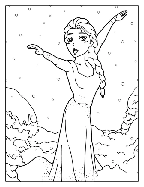 エルサが、舞い落ちる雪の中で踊っています。