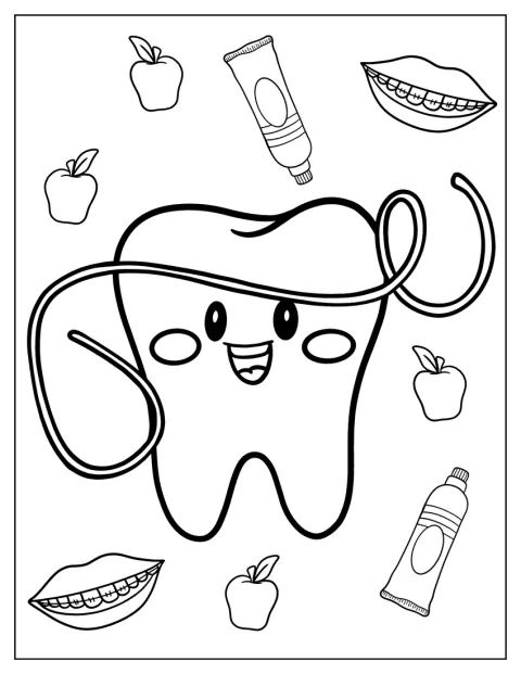 Un diente sonriente está rodeado de hilo dental, pasta, aparato y manzanas.