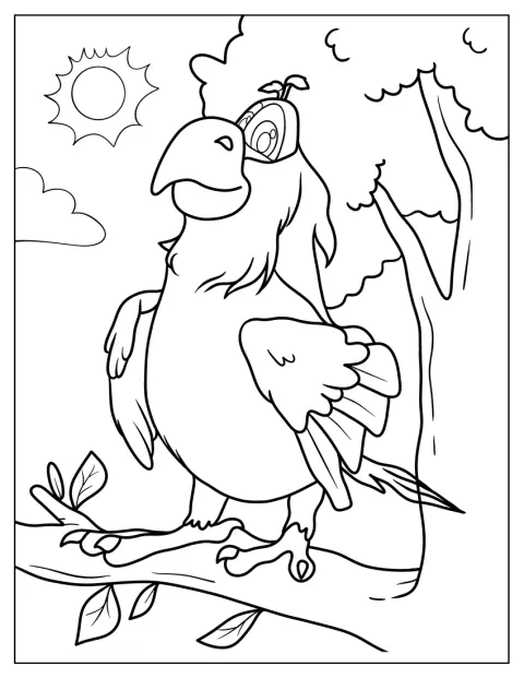 Mr. Beak egy fa ágán üldögél.