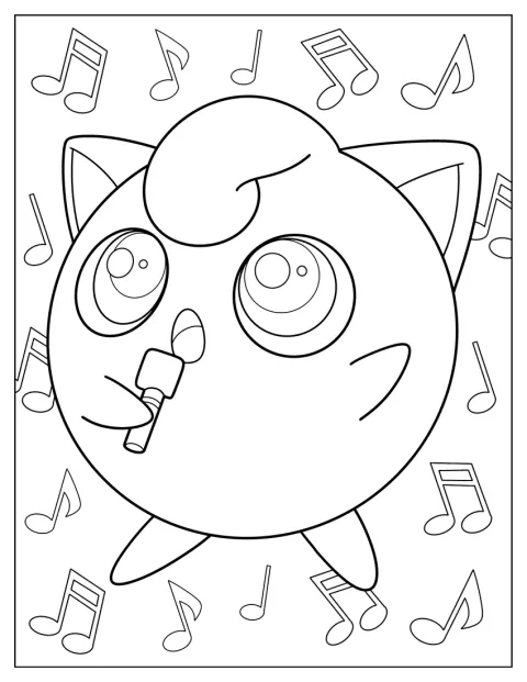 Jigglypuff Coloring Page Holding Small Microphone While Singing