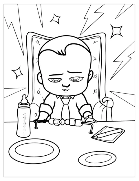 Ted Templeton, nei panni di Boss Baby, è circondato da un biberon, una penna e dei giocattoli.