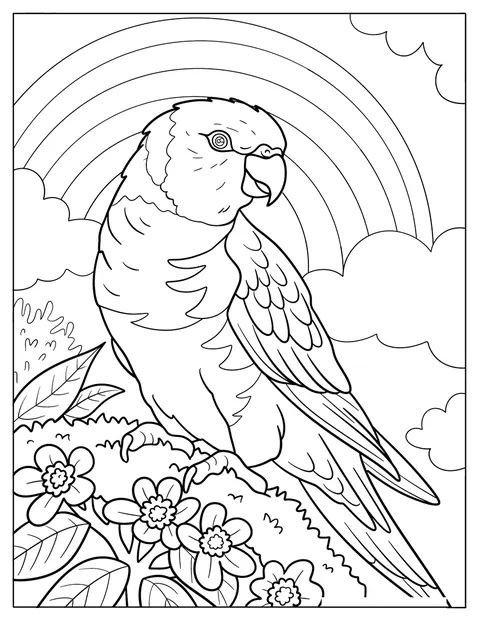 Un perroquet est perché sur une branche devant un arc-en-ciel et des fleurs.