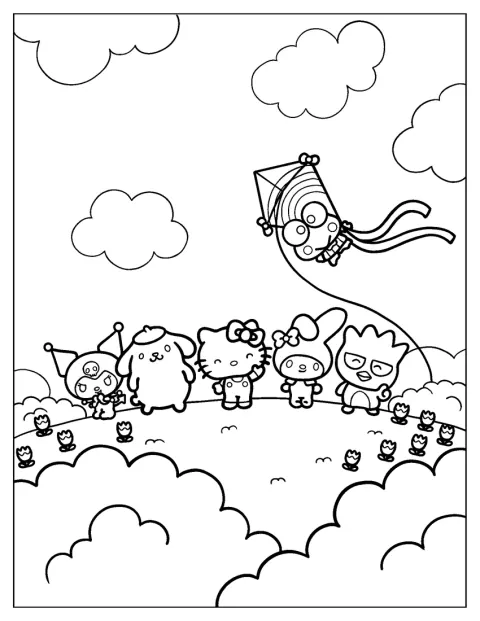 Hello Kitty Sanrio spaceruje pośród kwiatów na łące.