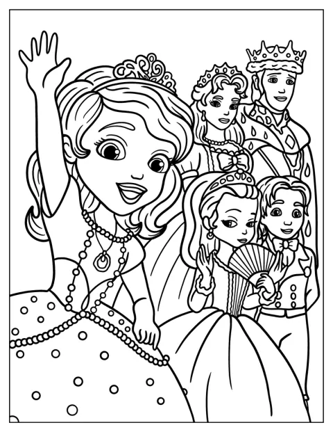 Sofia steht mit König Roland, Königin Miranda, Prinzessin Amber und Prinz James zusammen.