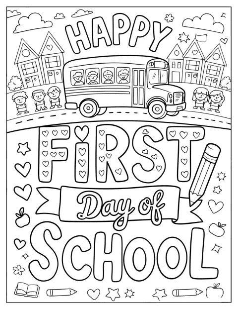 Chibi-elever står sammen med blyanter og en skolebus på deres første skoledag.