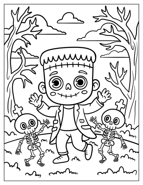 Een chibi-Frankenstein danst met skeletten in een spookachtig bos.