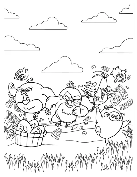 Angry Birds flyver frem mod en gruppe grise.