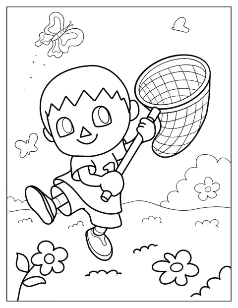 Animal Crossing Coloring Page Of Villager With Sweeping Net Catching Butterfly