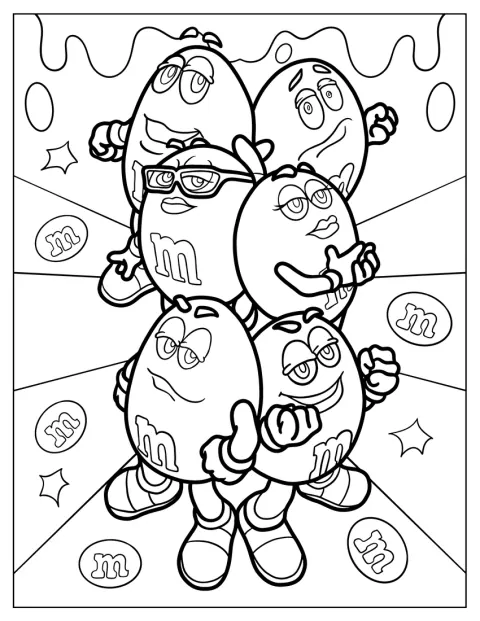 Seis personajes de M&M’s, azules, rojos, marrones, verdes, amarillos y naranjas, aparecen juntos.