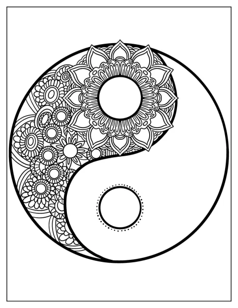 Ornamentální mandala je uspořádaná kolem symbolu jin-jang.