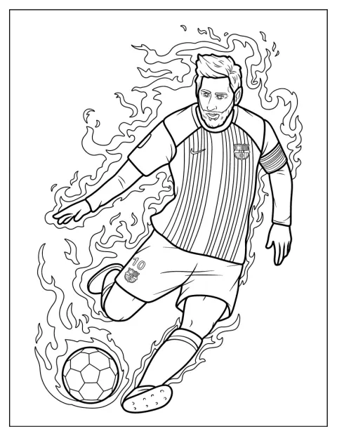 Lionel Messi sparker til en bold omgivet af flammer på banen.