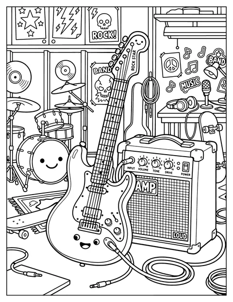Una chitarra elettrica è accostata a un amplificatore e a una batteria.