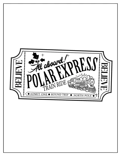 Um bilhete do Polar Express apresenta os detalhes da viagem de comboio.
