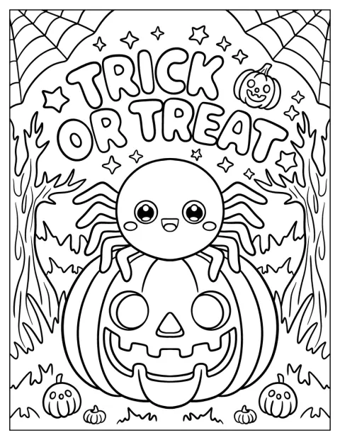 Eine Halloween-Spinne sitzt auf einem Kürbis mit Süßes-oder-Saures-Schild.