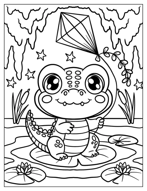 Așezat pe un nufăr, un crocodil ține baloane colorate.