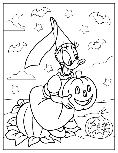 Para Halloween, Daisy Duck sostiene una calabaza tallada.