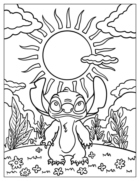 Stitch seisoo ulkona kirkkaan auringon alla.