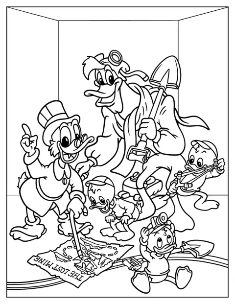 Quack, der Bruchpilot steht mit Dagobert Duck, Dewey, Louie und Huey zusammen.