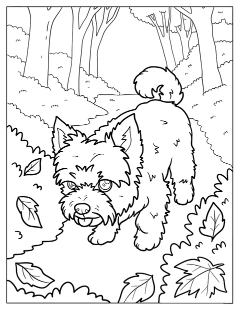 Um Yorkie passeia por uma floresta no outono.
