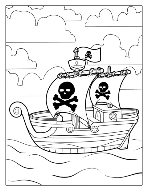 Et piratskip med dødningehode og korslagte knokler seiler på havet.