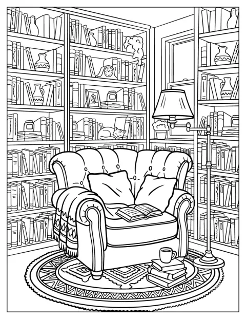 Een comfortabele fauteuil staat in een rustige bibliotheekhoek.