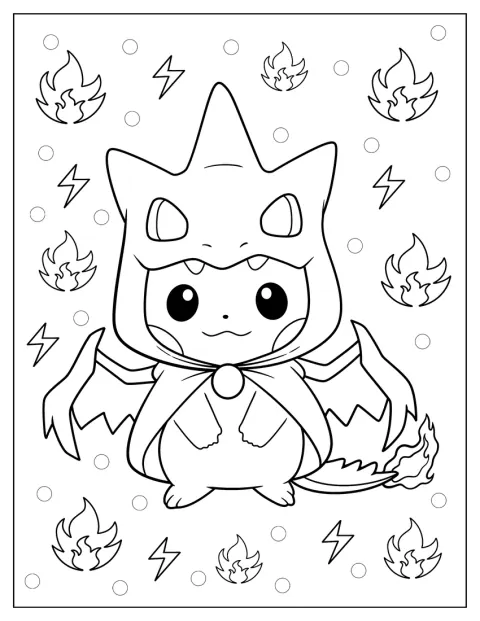 Kawaii-tyylinen Pikachu on pukeutunut Charizard-asuun.