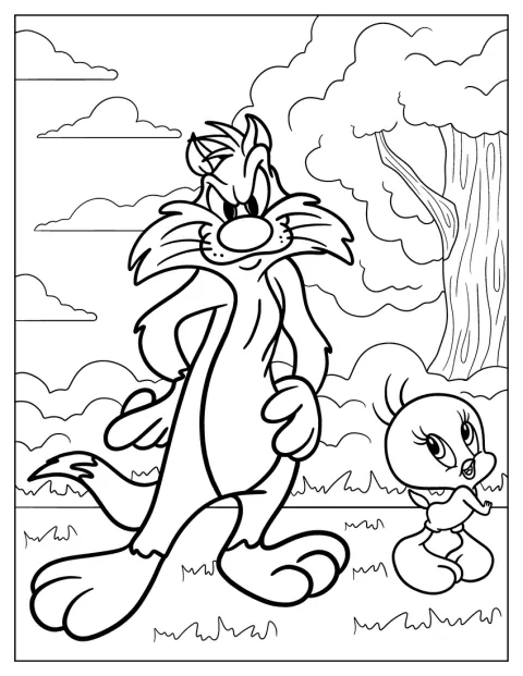 Silvestre y Piolín están juntos en un jardín.